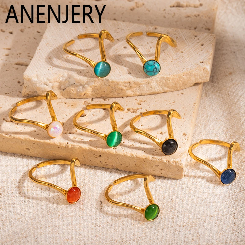 ANENJERY 316L Stainless Steel Colorful Stone Irregular Twisted Lines Open Ring for Women Niche Korean Fashion Jewelry Gifts