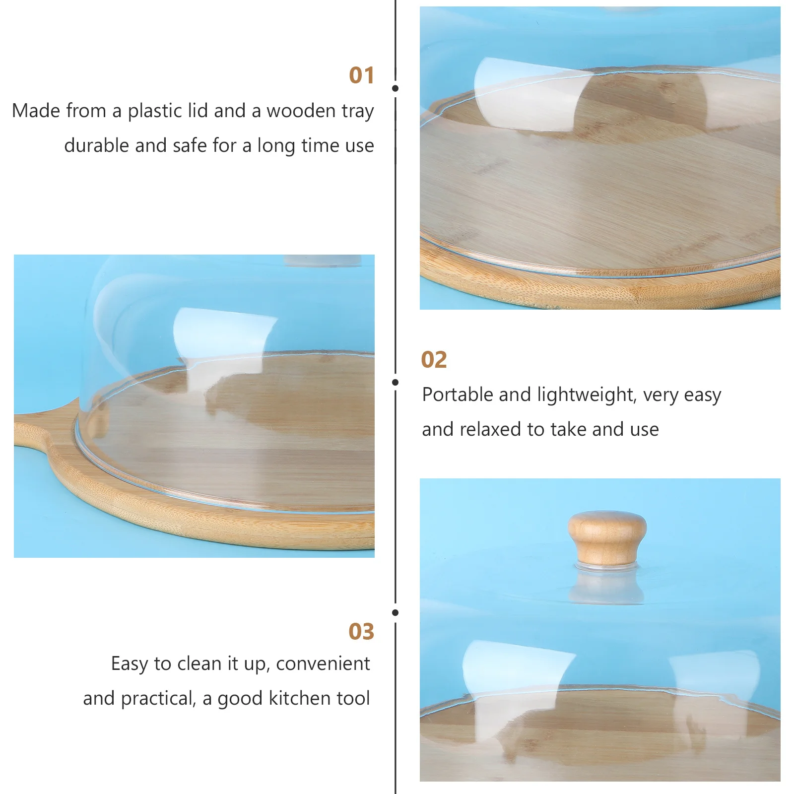 

1 Set Wooden Food Tray Transparent Cover Dustproof Dessert Cake Display Holder Lightweight Portable Handle Storage Container