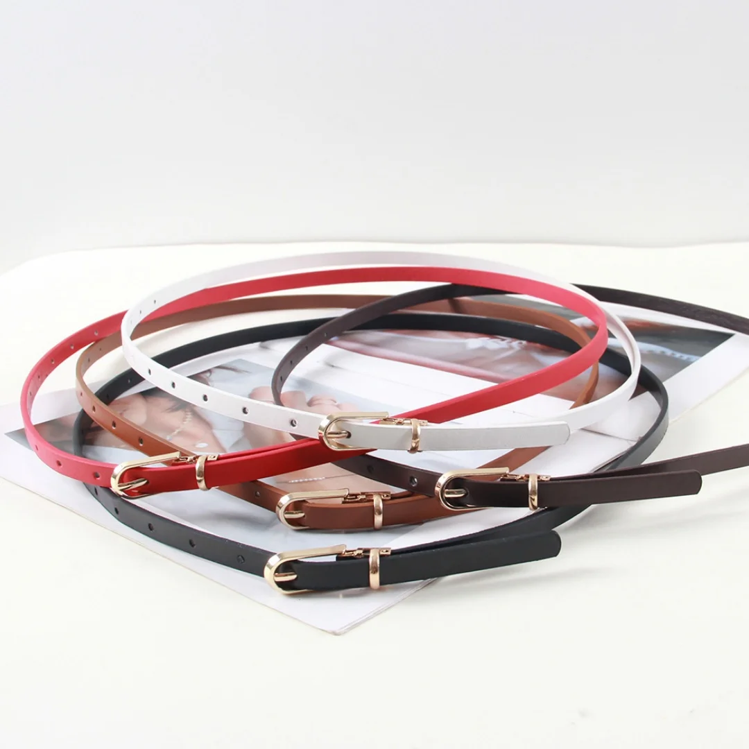 Women Genuine Leather Skinny Waist Belt Gold Pin Buckle Waistband for Dress Blazer Knitwear Multiple Colors Cinturon Mujer