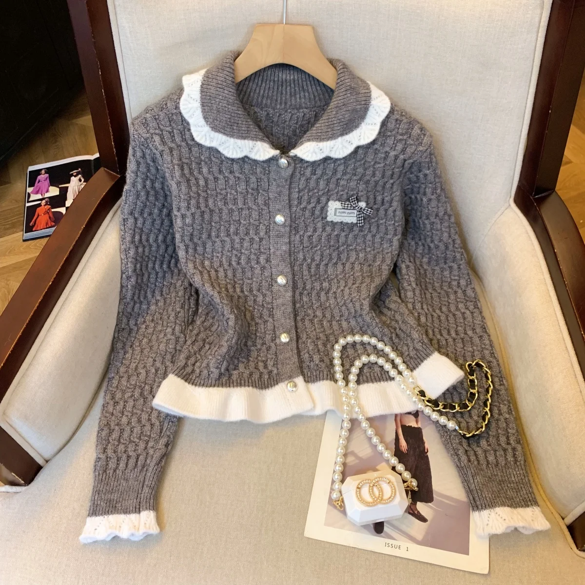 

Women Grey Peter Pan Collar Cardigan Sweater Vintage 2000s Y2k Jumper Knitwear Long Sleeves Luxury Sweater Autumn Winter Clothes