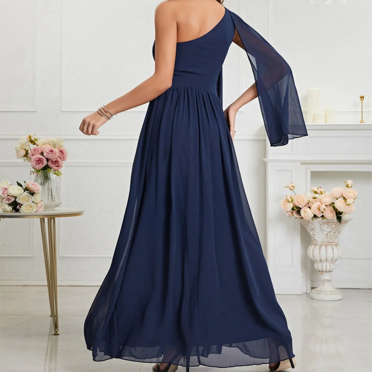 ชุดราตรีคอไม่สมมาตร ดีไซน์ใหม่ล่าสุด ฤดูร้อน สินค้าขายดีข้ามพรมแดน ผ้าชีฟองสำหรับผู้หญิง เอวต่ำ ผ้าไหม