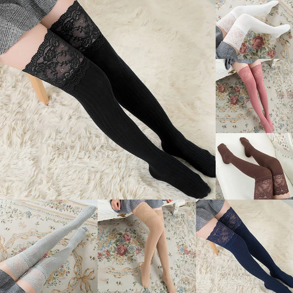 Women'S Knit High Socks Lace Trim Over The Knee Stockings Warm Striped Leg Warmers For Boots Chunky Fall Fashion Accessories