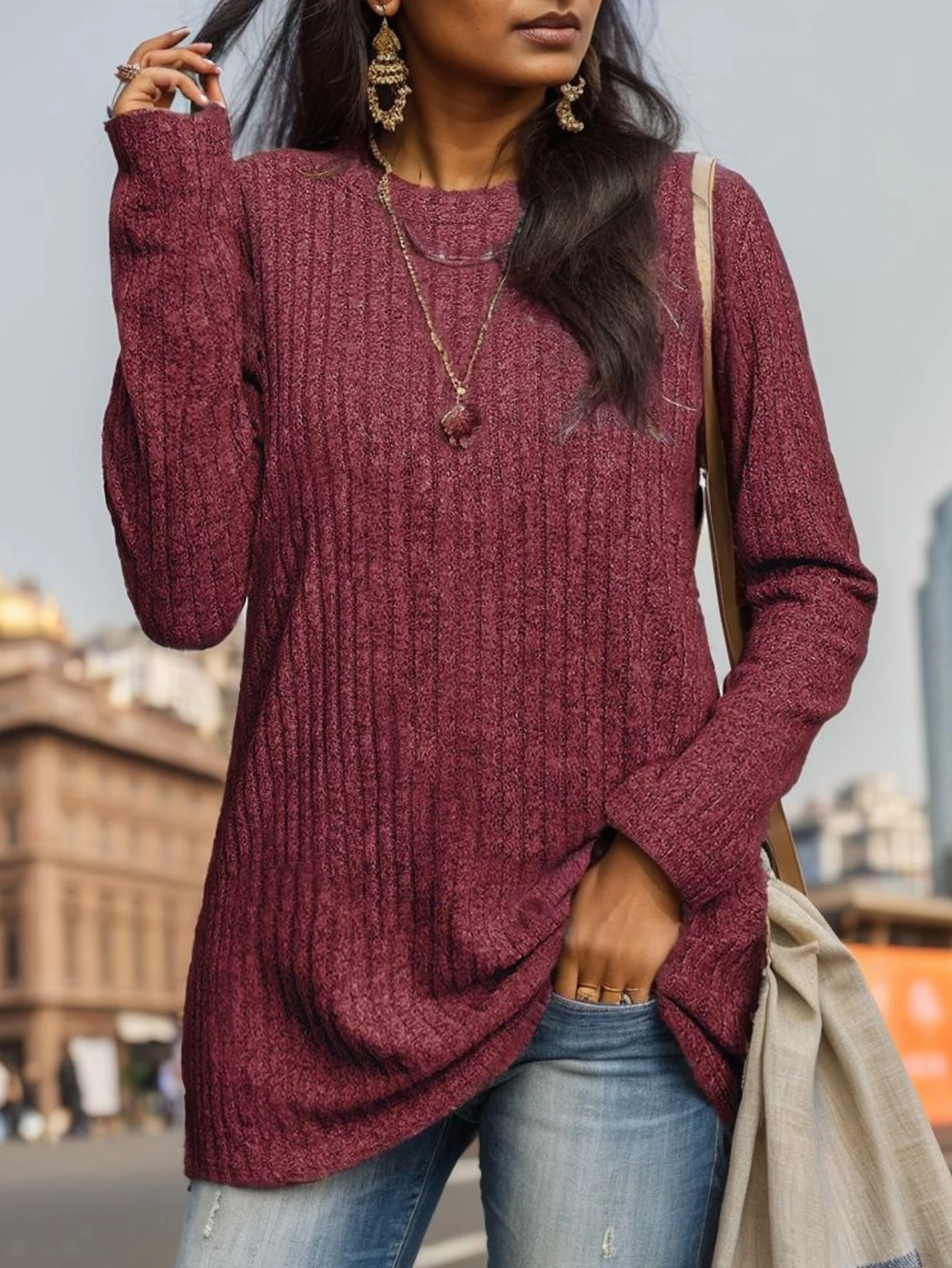 

Женская повседневная футболка с длинным рукавом, осенняя однотонная винтовая резьба, круглый вырез, свободный крой, базовый топ для модной повседневной носки