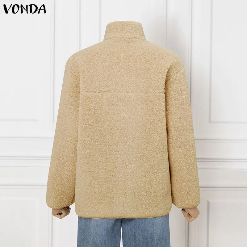 VONDA Mantel Bulu Wanita Ukuran Plus 2025 Musim Dingin Lengan Panjang Kerah Tegak Resleting Jaket Kasual Polos Streetwear Mantel Luar Hangat