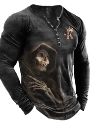 Button-Up V-Neck Vintage Skull King Short Sleeve Goth T-Shirt for Men Punk Street Wear for Men Oversized Brazilianspanisht-Shirt