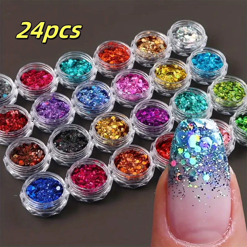 24 สี/ชุด Sparkly หกเหลี่ยม Chunky Nail Art Flakes Chameleon สีรุ้ง DIY Chrome Powder แปดเหลี่ยมรูปร่างเล็บ Decors *