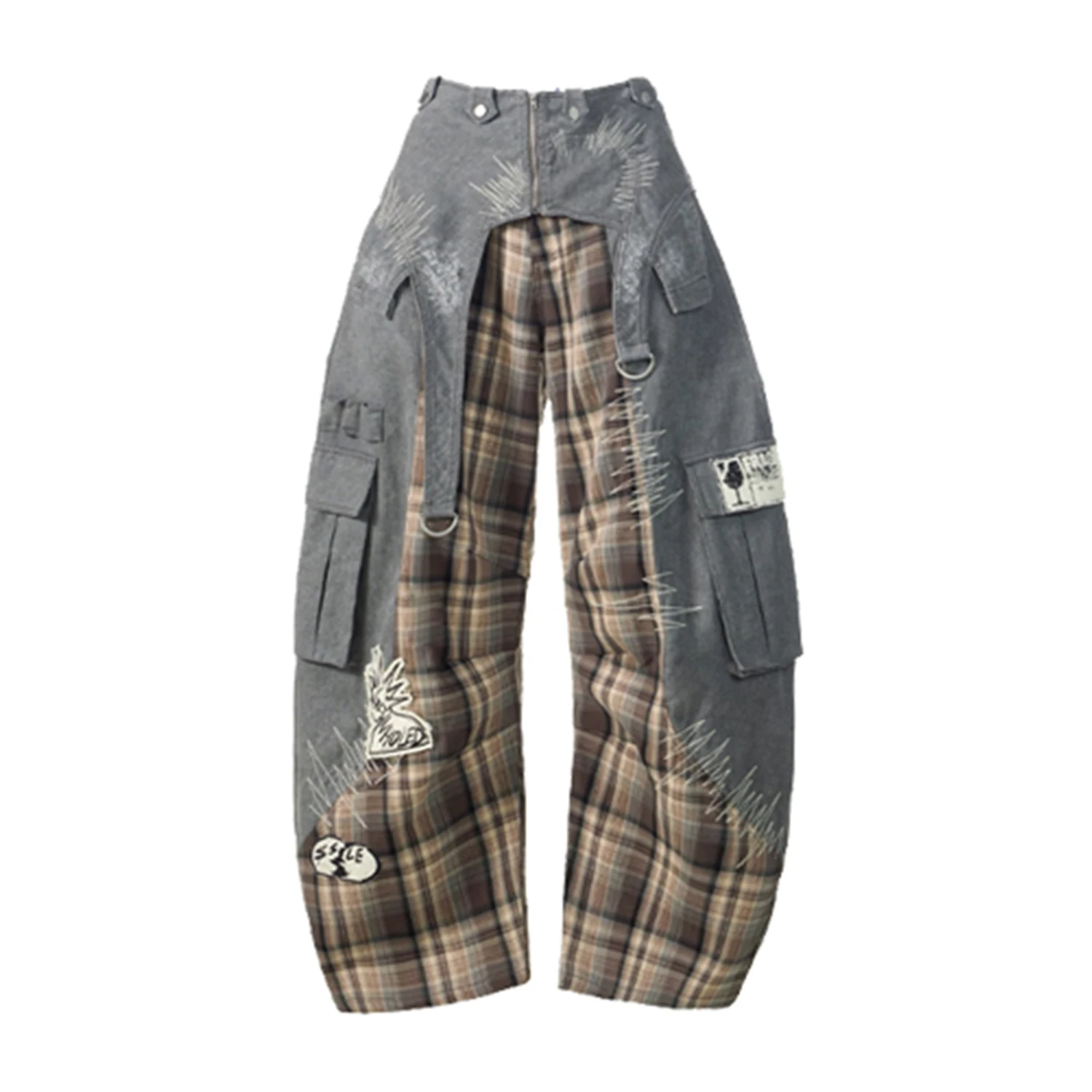 

Women's Y2K Streetwear Patchwork Plaid Denim Pants Wide Leg with Graphic Print Cargo Trousers Casual Hip Hop Fashion Pants