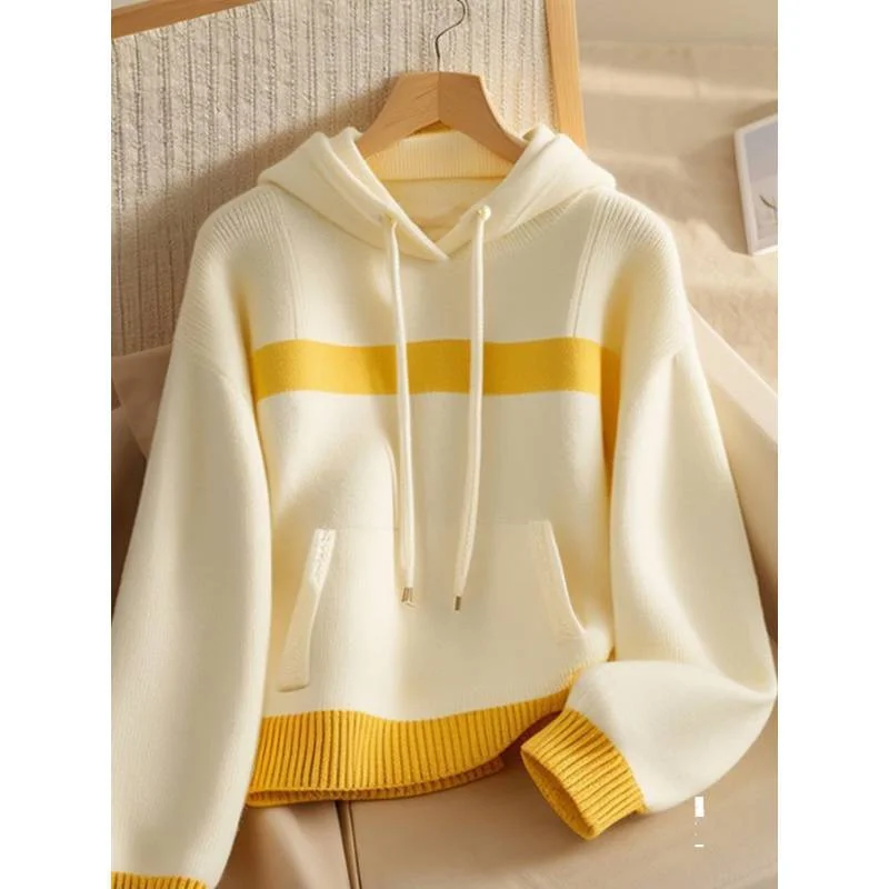 

New 2025 Autumn Korean Women Pullover Sweater Hooded Knitwear Ladies Yellow-white Stitching Casual Loose Sweater Female Tops
