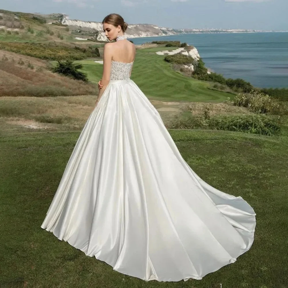 Abiti da sposa eleganti senza spalline 2024 Lunghezza pavimento che borda senza maniche in raso personalizzato A Line Abiti da sposa Vestido De Noiva