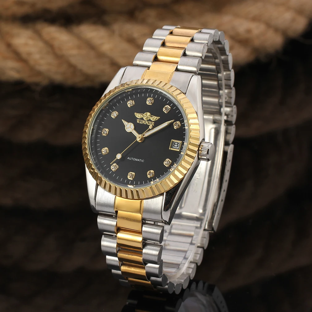 WINNER marcas de lujo tamaño pequeño 36mm reloj de hombre de negocios fecha movimiento automático relojes de pulsera mecánicos de acero inoxidable Unisex