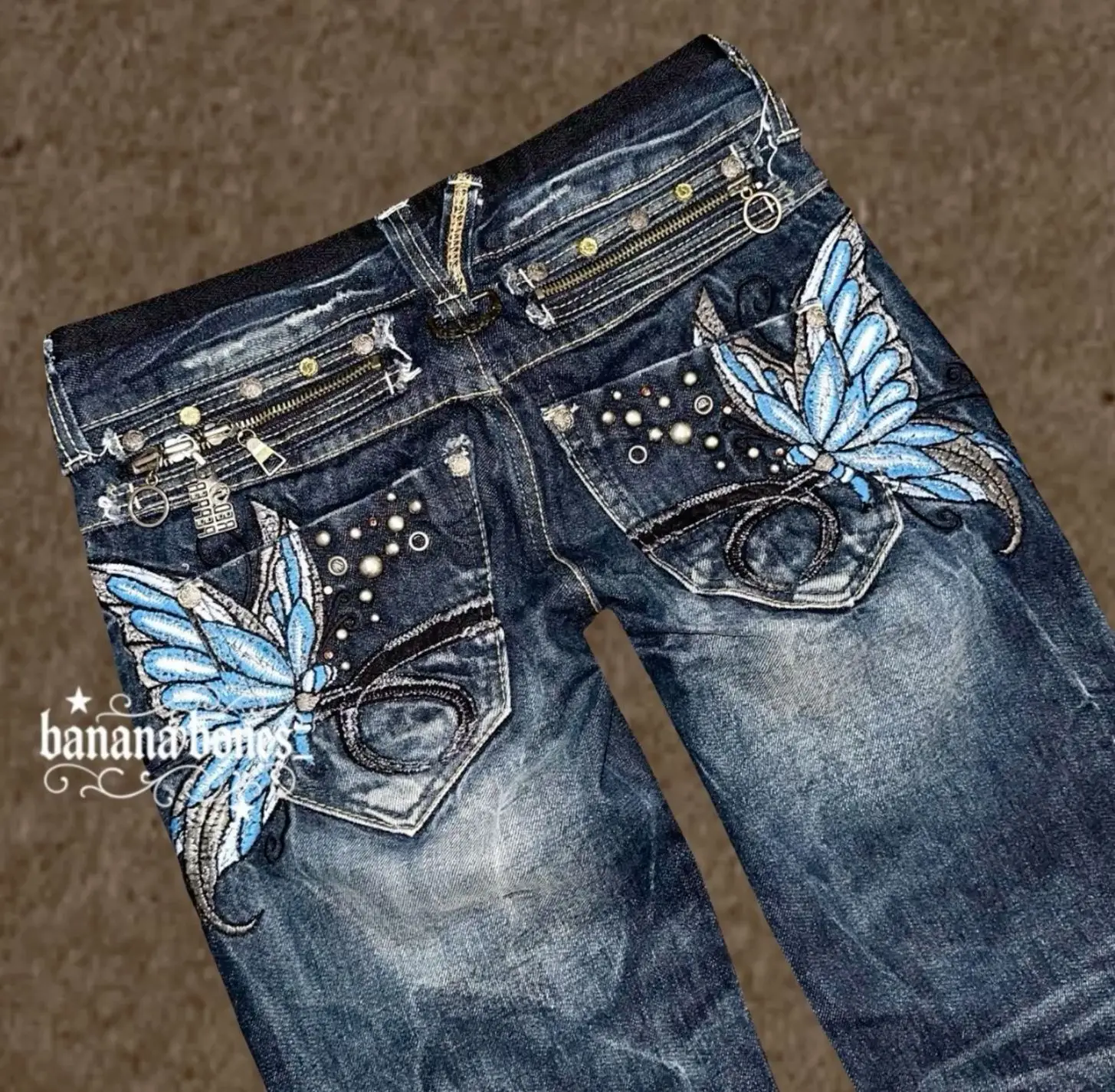American Fashion High Street Large Size Butterfly Women Jeans Embroidered Baggy Jeans Y2K Millennium Harajuku Slim Flared Pants