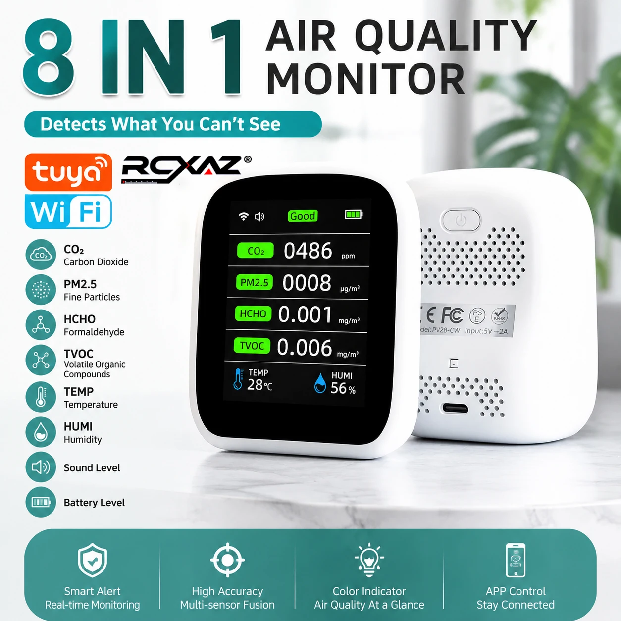 Tuya WiFi Smart 8-in-1 Home Air Quality Monitor, CO2 HCHO TVOC PM1.0 PM2.5 PM1.0 PM10 Detector, Temperature & Humidity Tester