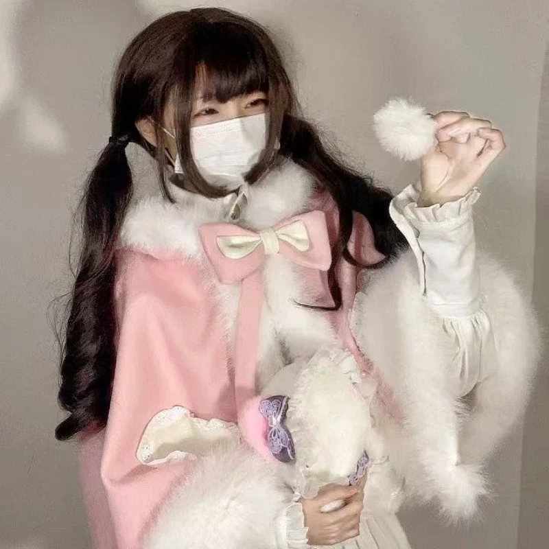 

Японский кавайный меховой лоскутный плащ, пальто Y2k, женская эстетичная Лолита в стиле гранж с капюшоном, теплая контрастная цветная верхняя одежда с милым бантом