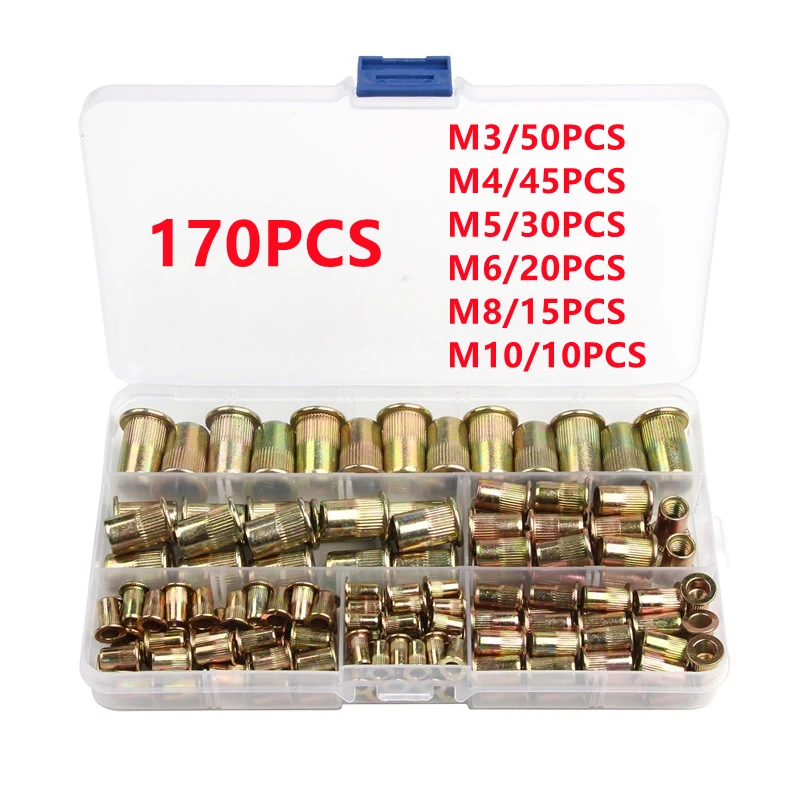 400/170/100pcs M3 M4 M5 M6 M8 Multi Sizes Carbon Steel Rivet Nuts Flat Head Rivet Nuts Insert Threaded Nut With Box Set