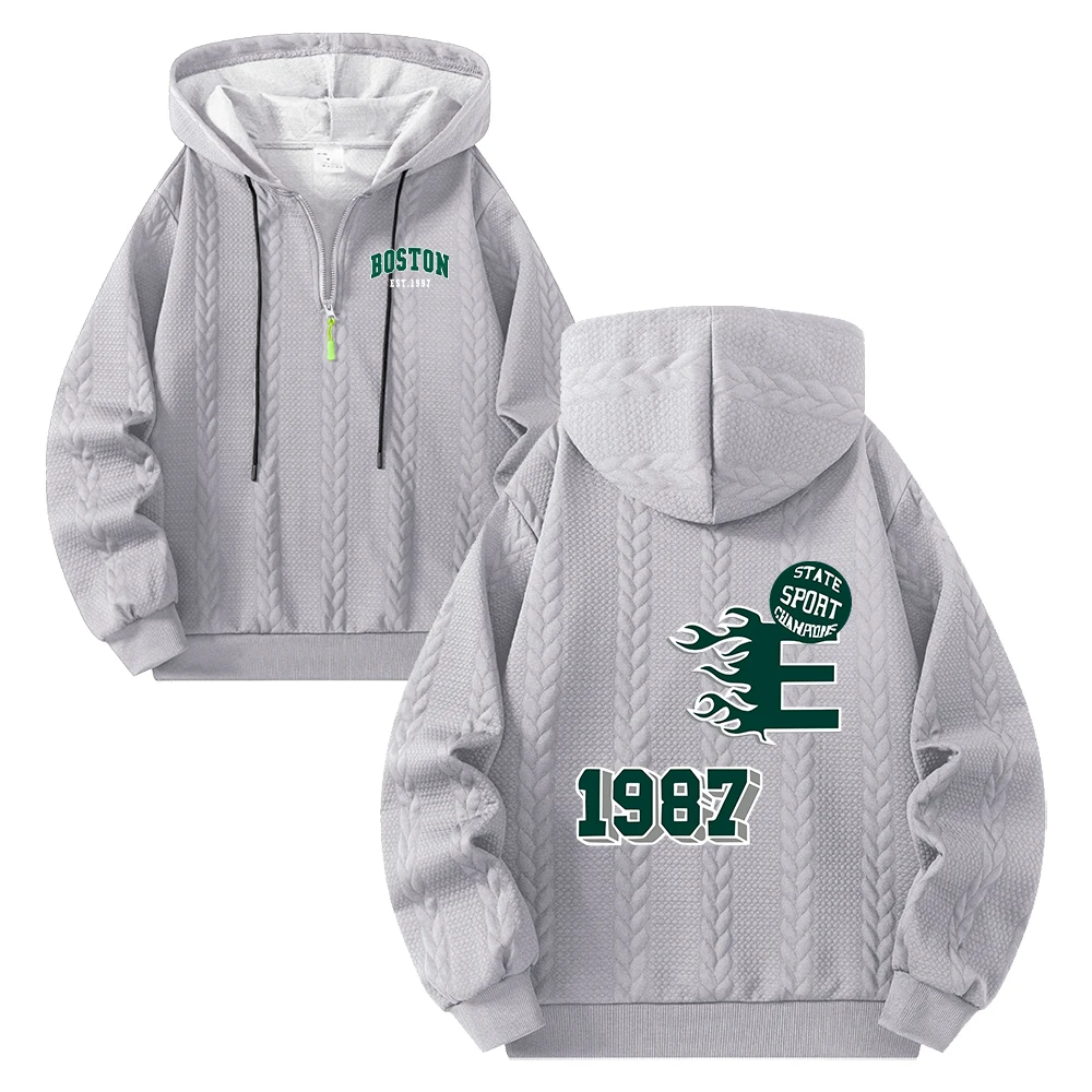 Men's Trendy Number And Word Print Half Zip Hoodie Casual Cable Knit Embossed Pullover Sweatshirt Autumn Fitness And Commute Top