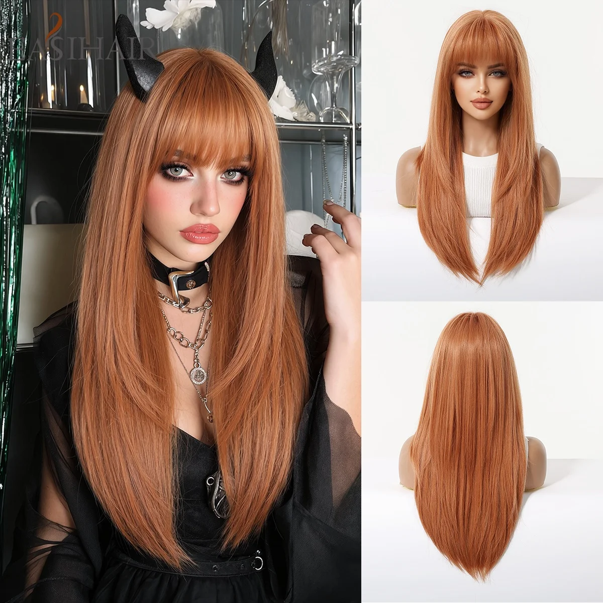 Ginger Orange Long Straight Synthetic Wig with Fringe Bangs Layered Hair Heat Resistant Wigs for Women Daily Cosplay Halloween