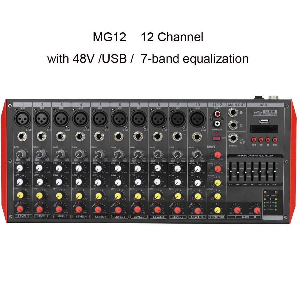 جهاز رقمي 6 8 12 قناة الصوت DJ كاريوكي بلوتوث خلاط الصوت خلط نظام وحدة التحكم EQ 48 فولت MG8 MG12 MiCWL