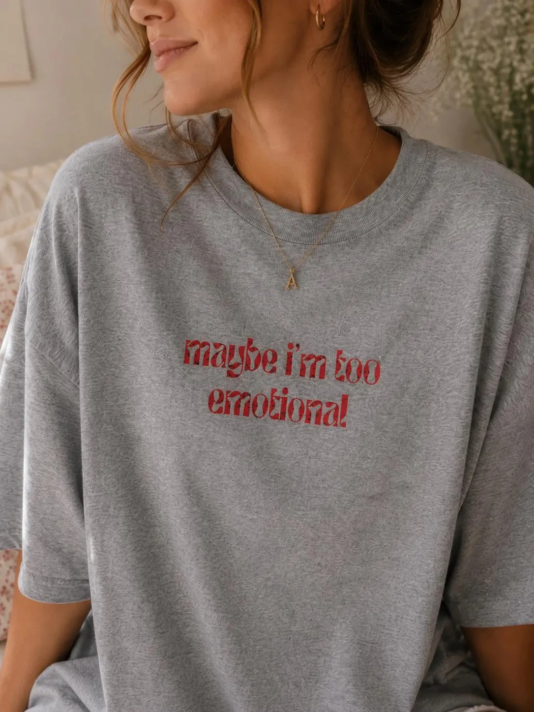 Summer High-quality Design T-shirt Maybe I'm Being Too Emotional. Tee | White Patterned Shirt, Pink Gothic Font