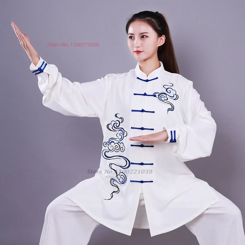 2024 chinese tai chi uniform clouds embroidery wushu taiji morning exercise team tai chi kung fu martial stage performance set