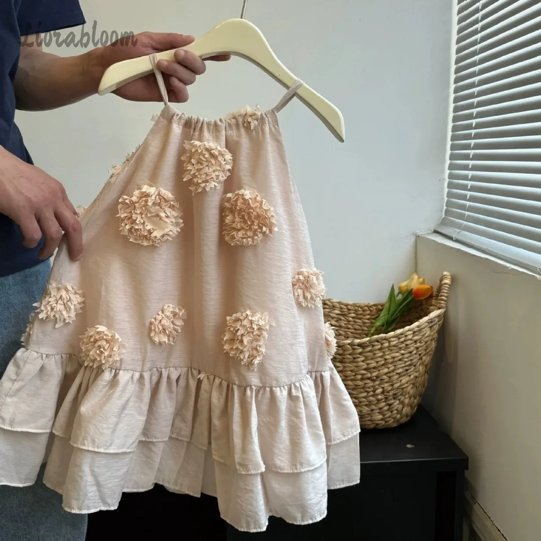 

Girls' Strappy Formal Dress Flower Girl Attire Party Gown 3D Floral Embellishments Children's Everyday Dress