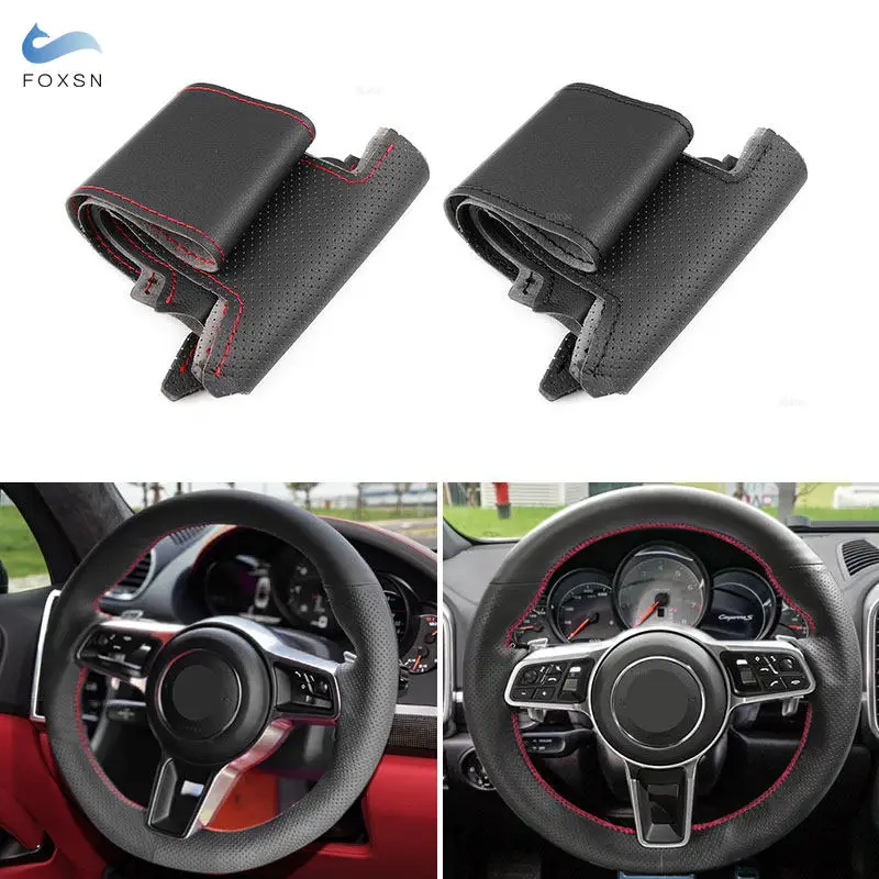 Hand Sewing Car Steering Wheel Cover Trim For Porsche Cayenne 2015 2016 2017 2018 2019 Black Perforated Microfiber Leather