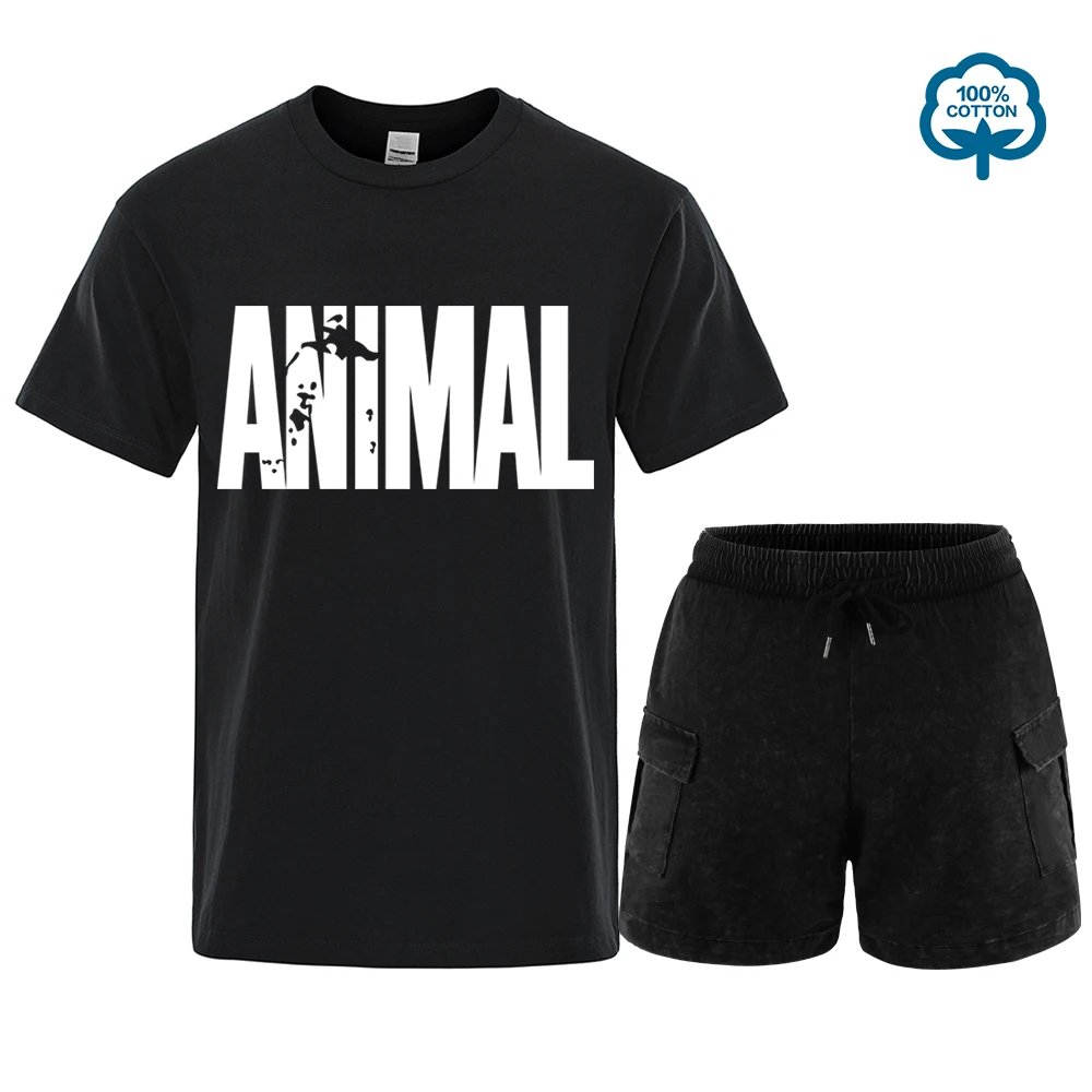 

Fashion ANIMAL Letter Print Men T-Shirts Set Street Funny Short Sleeves Loose Oversized TShirt O-Neck Breathable Cotton Clothing