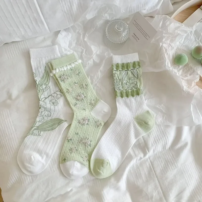 Green Ultra-thin Transparent Crystal Silk Socks Woman Socks Summer Vintage Harajuku 3D Sexy Lace Mesh Floral Crew Sock Wholesale