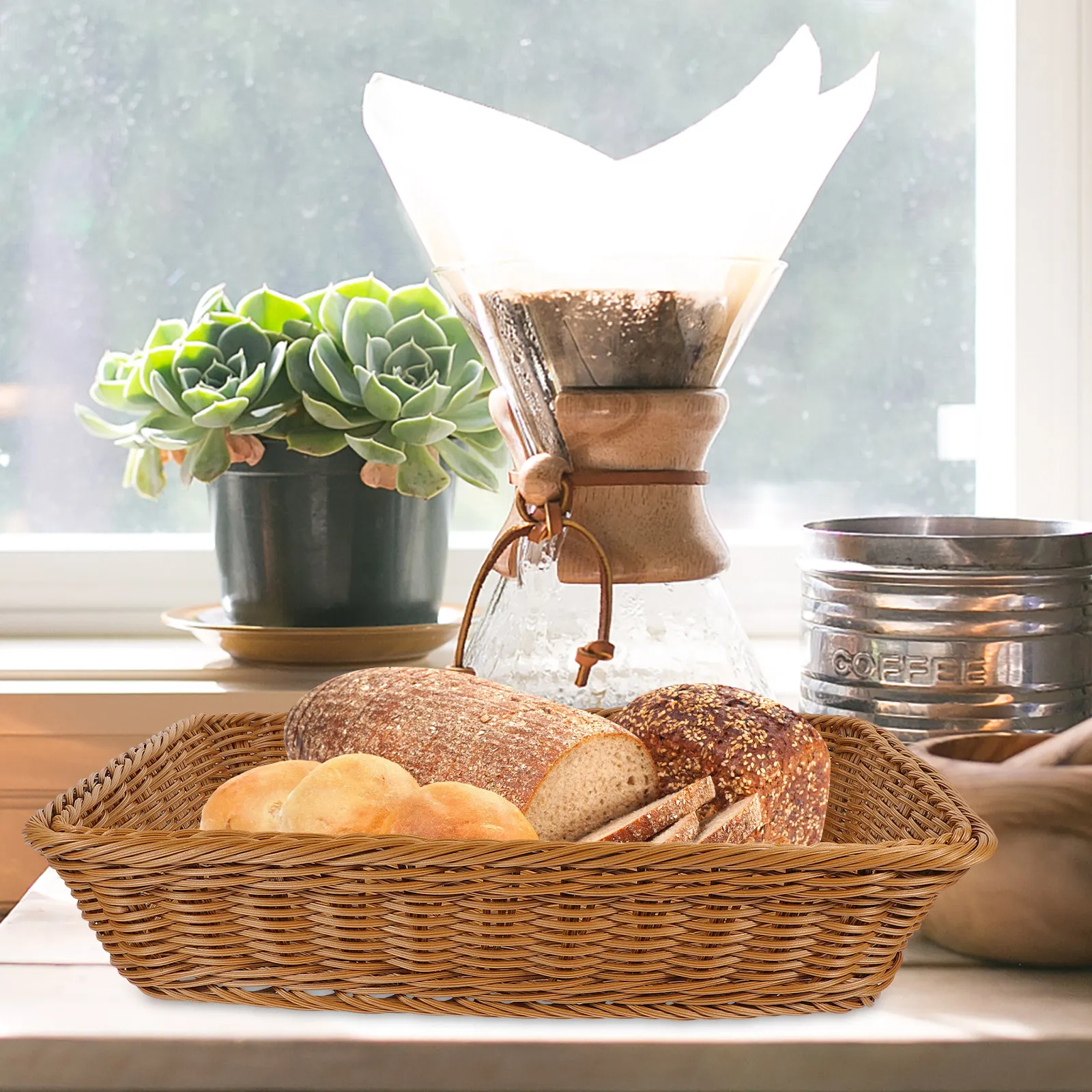 

1Pcs Food Storage Basket Woven PP Basket Multi-Purpose Organizing Container for Kitchen Pantry Fruits Bread Eggs Decor