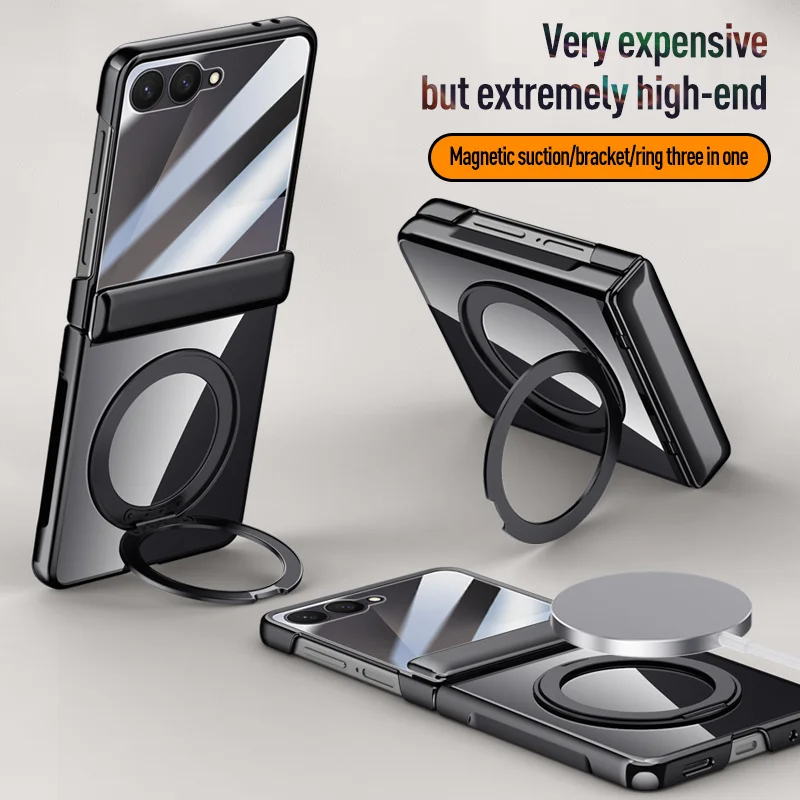 

Чехол Magsafe для Samsung Galaxy Z Flip 7, гальванический прозрачный шарнир, магнитный вращающийся кольцевой держатель с защитной пленкой для экрана