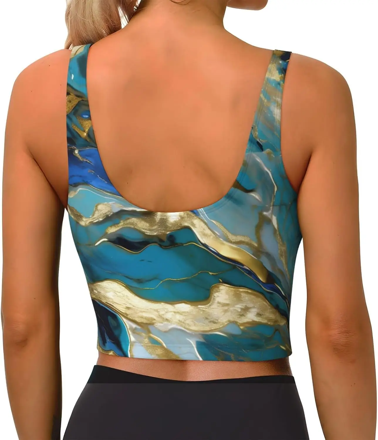 Teal And Foil Gold Oil Marble Pattern Print Women'S Strappy Stretch Gym Bras U Neck Yoga Tops Comfort Seamless Bra
