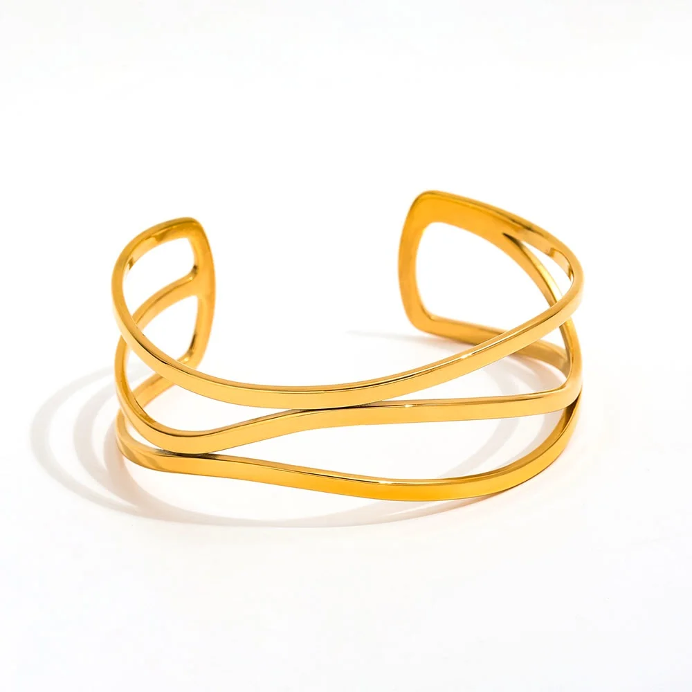 

Joolim Jewelry Wholesale High End PVD Waterproof Fashion Designer Simple Wide Linellae Cuff Stainless Steel Bracelet for Women