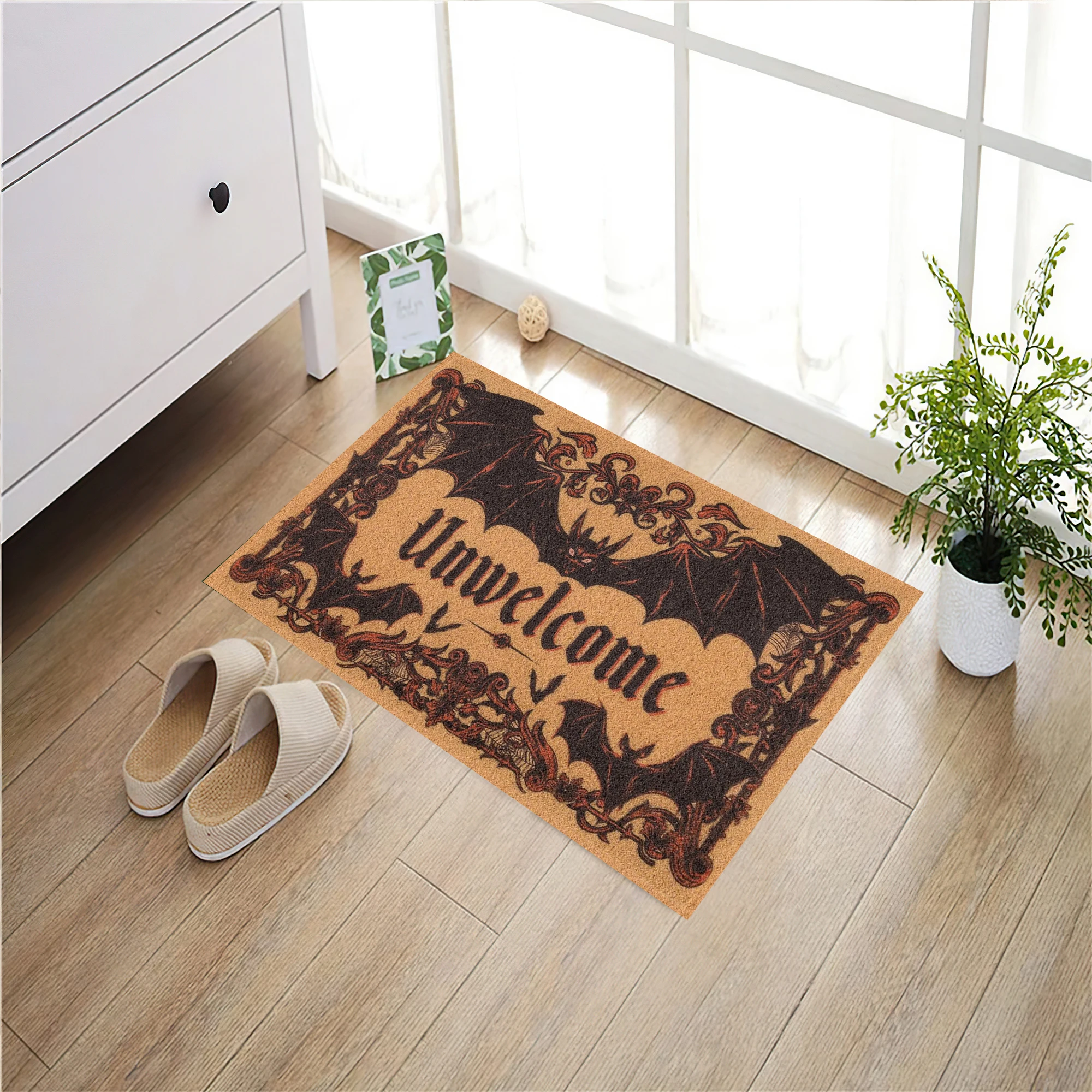 Unwelcome Bat Doormat المطاط عدم الانزلاق الكلمة الحصير للمدخل مخيف هالوين سجادة باب سجاد المطبخ الداخلي