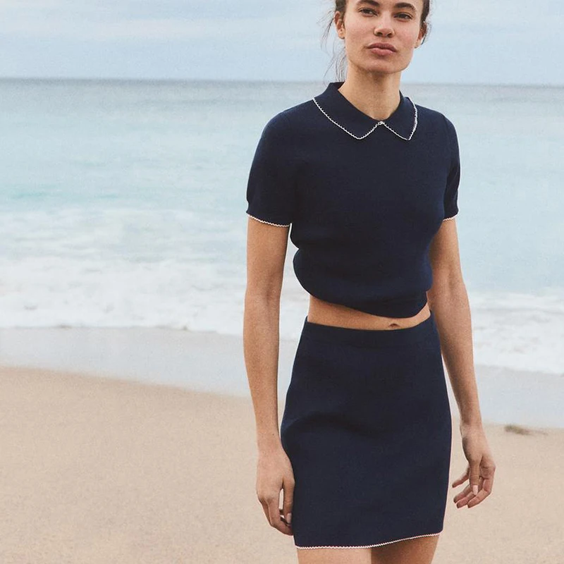 Falda de punto informal con cuello, diseño y decoración, conjunto superior ort Sve versátil para mujer, Faion de verano