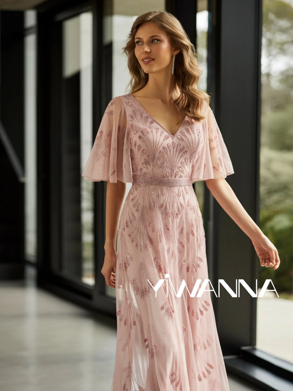 Vestido de manga corta con cuello en V para madre de la novia, elegante vestido de noche personalizado con cuentas de lentejuelas brillantes para boda y graduación, 2025