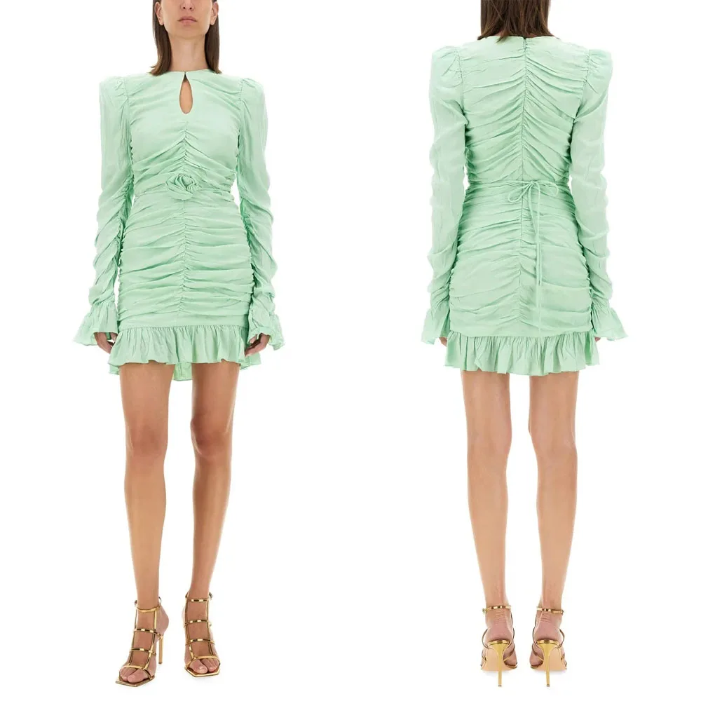 

Customized High Quality Wrinkle High Collar Full Sleeves Above Knee Green Grace Women Dresses Two Piece Prom Dress فساتين سهره