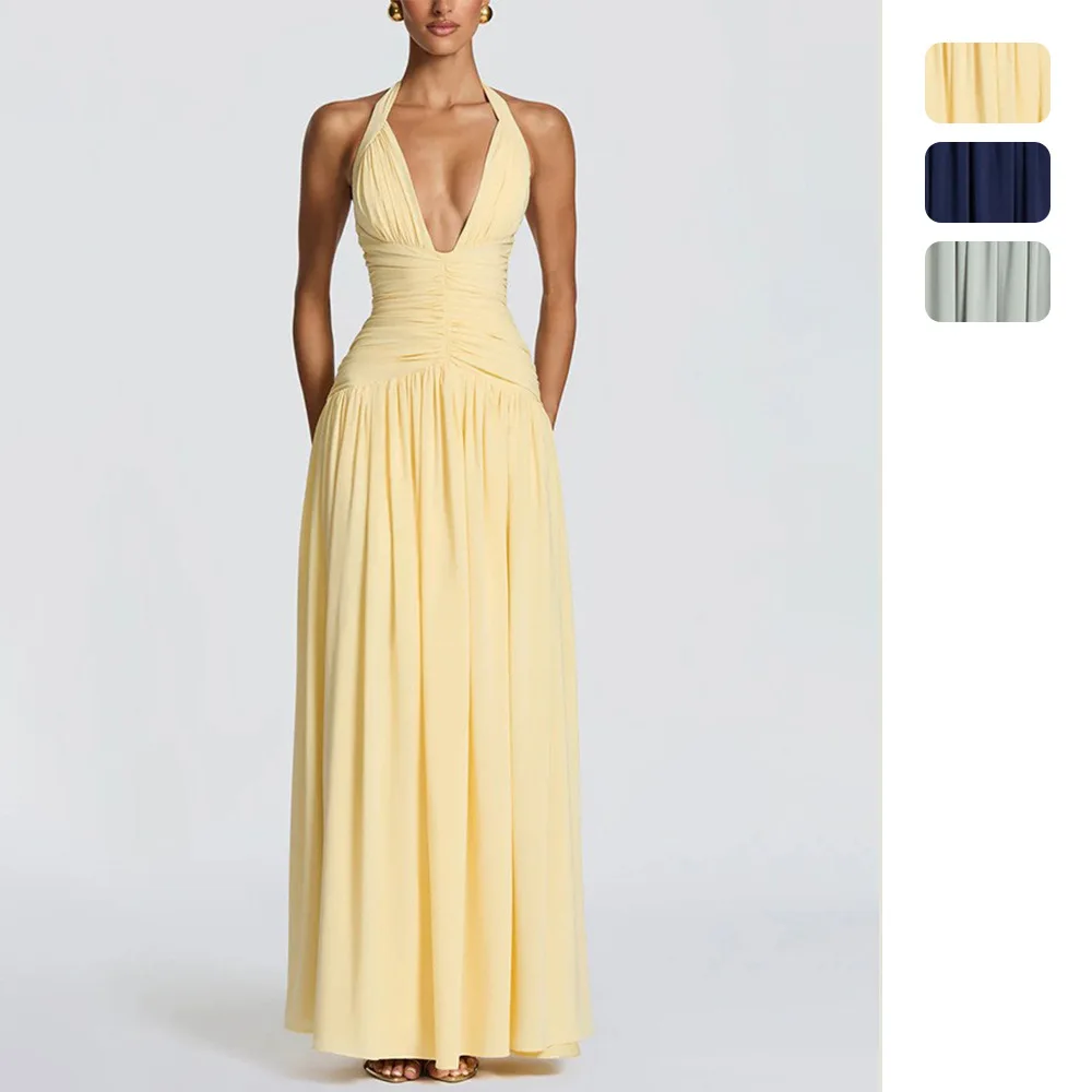 

Solid Color Deep V Halter Neck Sleeveless High Slit Bodycon Dress Dresses for Spring Summer