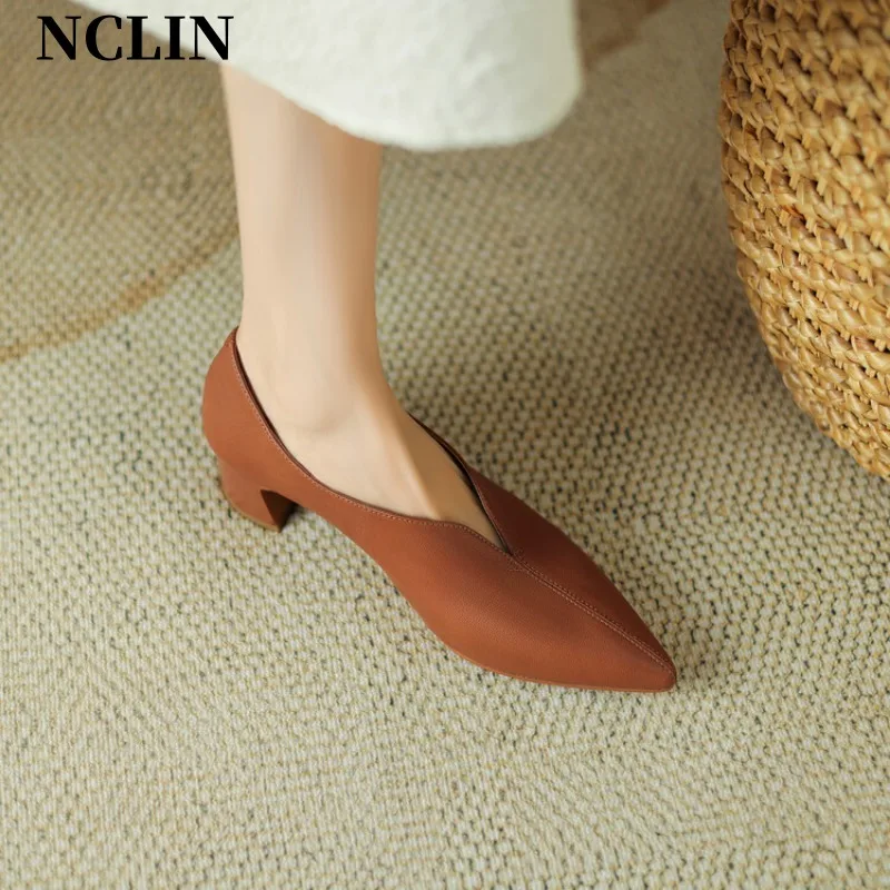 Spring/Summer Women Shoes Chunky Heel Pointed Toe Shoes Women Handmade Genuine Leather Shoes Low Heel Loafers Zapatos De Mujer