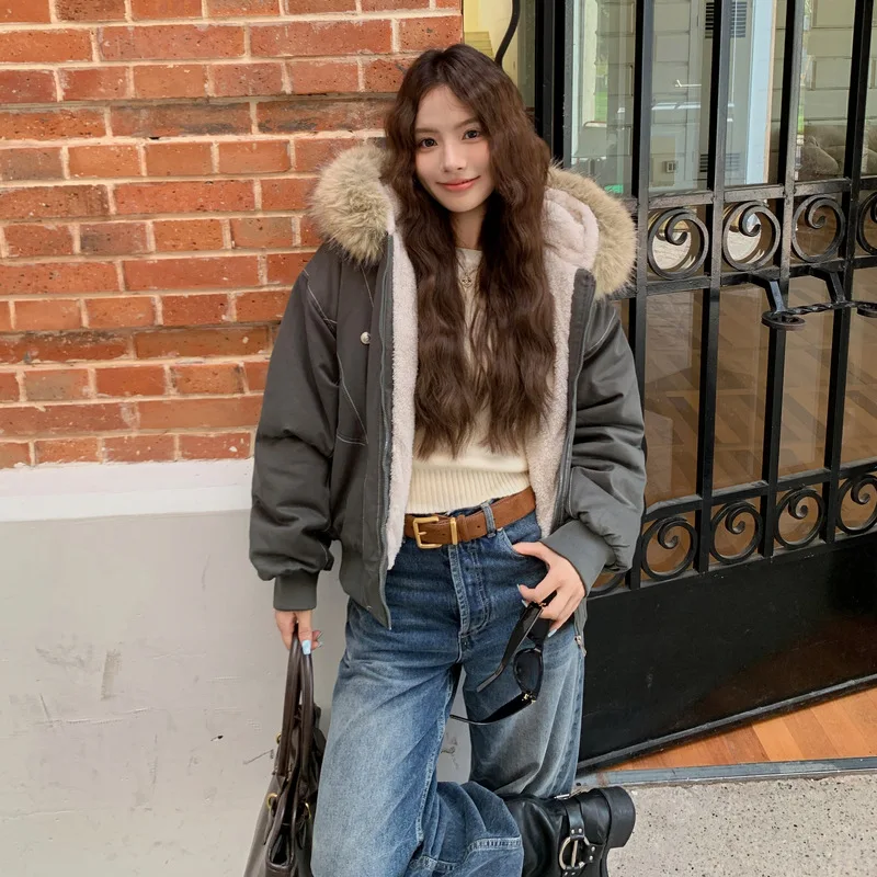 Women Short Parkas Coat Solid Jacket Big Fur Collar Hooded Zipper Pocket Long Sleeve Loose Casual Office Lady 2025 Autumn Winter
