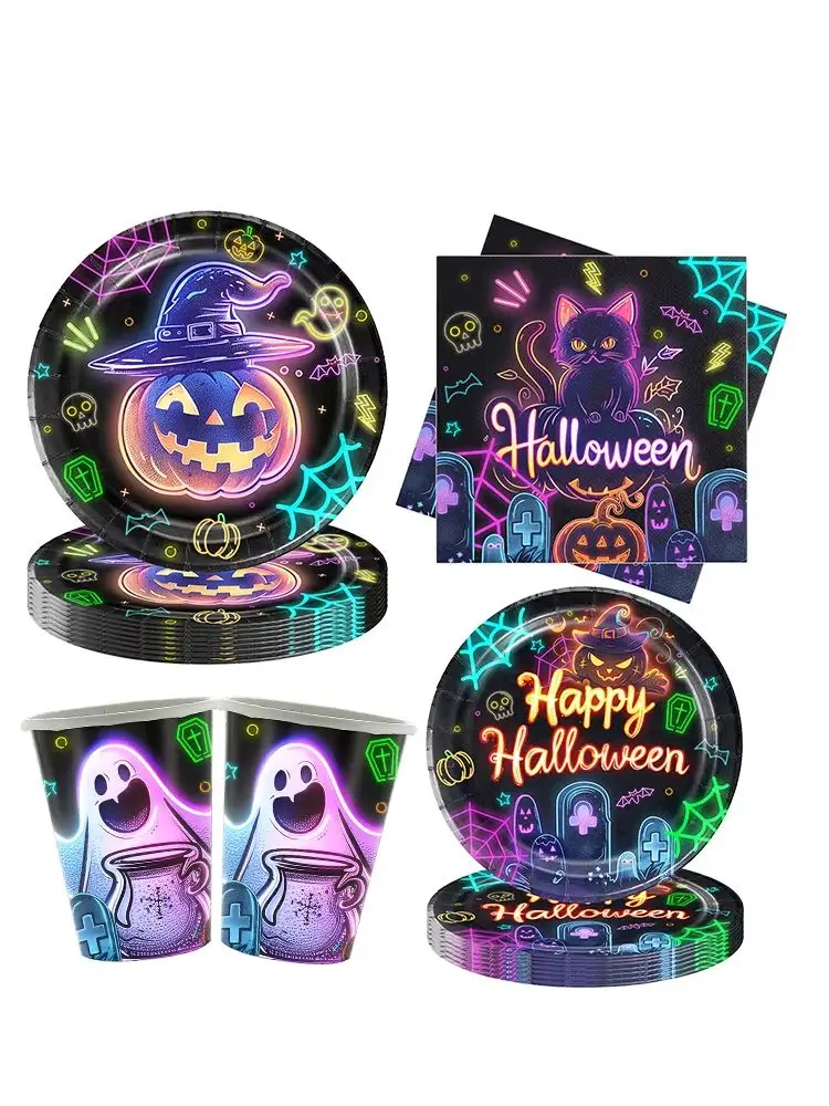 Halloween-Party Pappteller Servietten Becher Halloween-Tischdecken Halloween-Einweggeschirr-Set Halloween-Dekorationszubehör – Detail 1