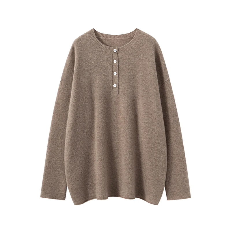 

Женский свитер из 100% кашемира, пуловер с круглым вырезом и половиной пуговиц, свободный трикотаж с длинными рукавами, осень-зима, высококачественный кашемировый вязаный топ
