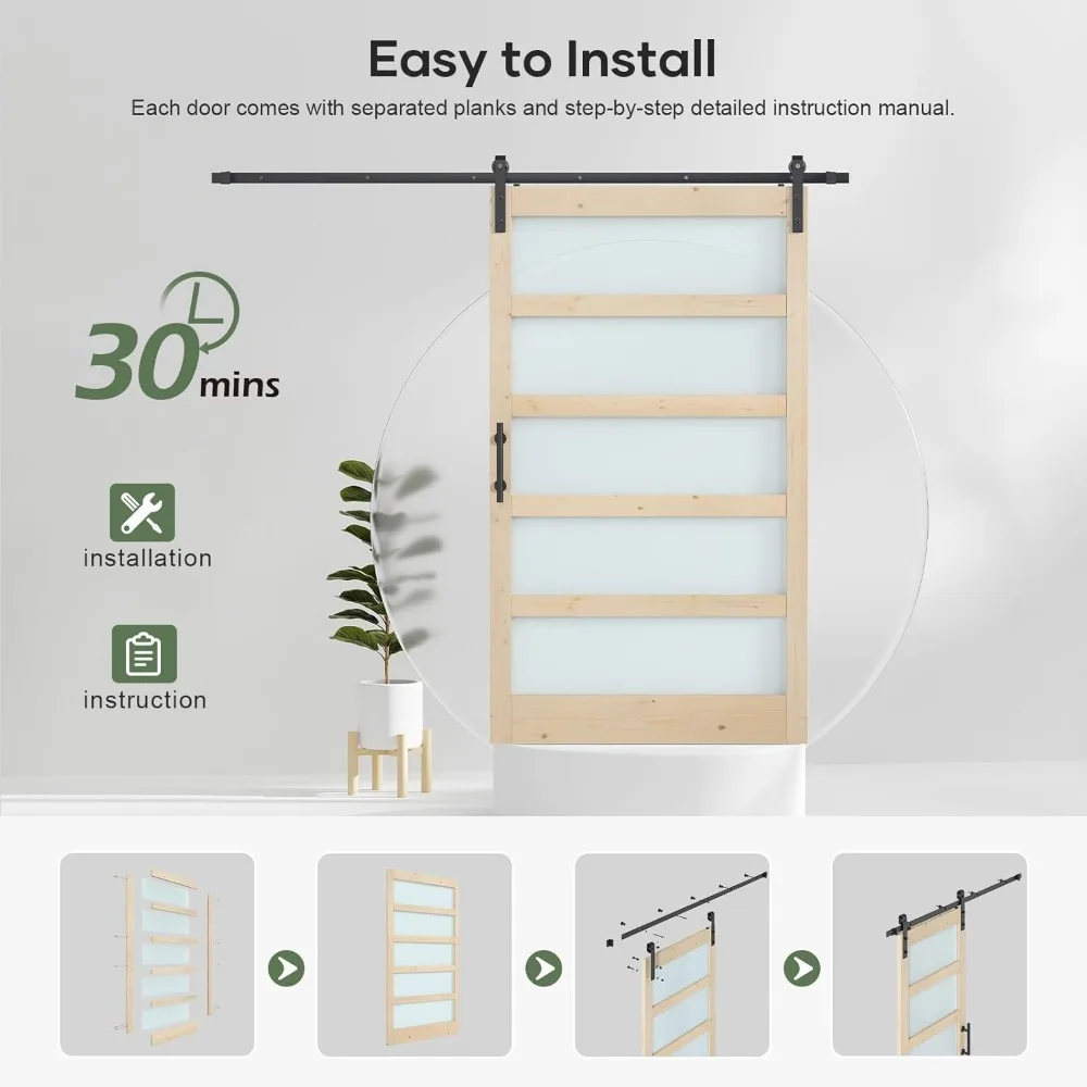 Glass Sliding Barn Door Slab with Hardware Kit Included, 5-Panel Frosted Glass, Spruce Wood Support Dyeing, Easy Assembly