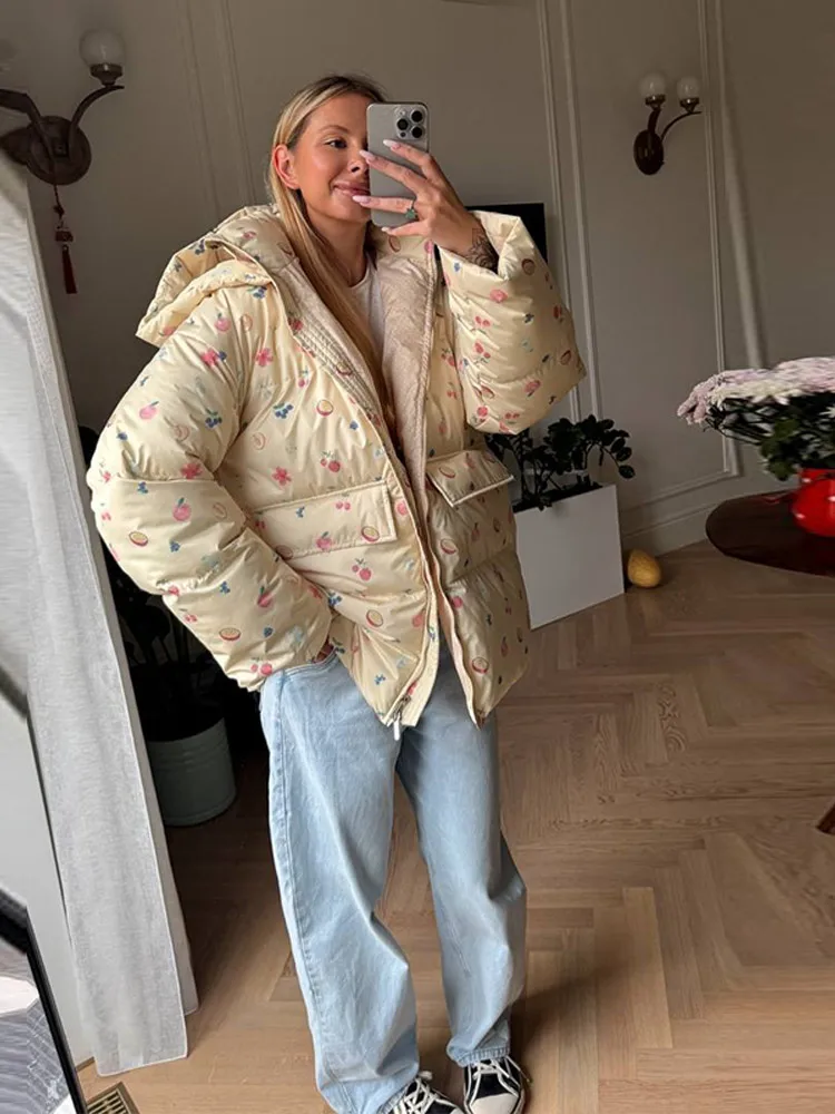 2026 Winter Chic Printed Women's Thicken Cotton Coats Hooded Zippers Pocket Loose Lady Jackets Casual Female Street Coats