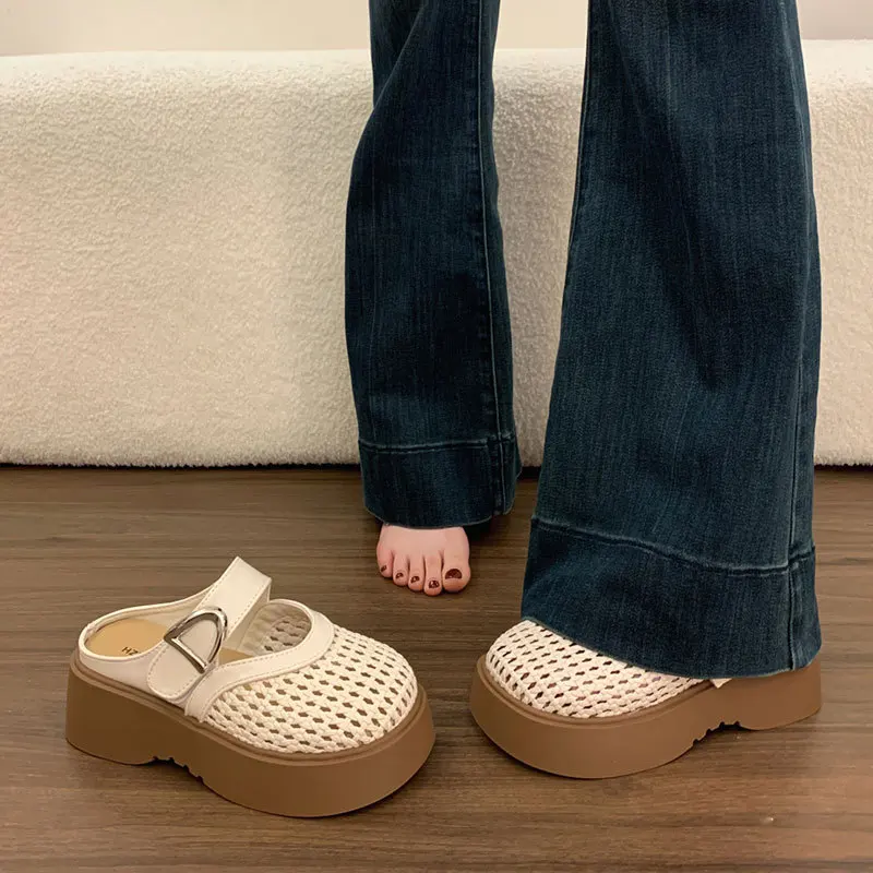 Fishnet Toe Cap Mules Women 2026 Summer Thick Sole Breathable Slip On Lazy Half Slippers Casual Outdoor