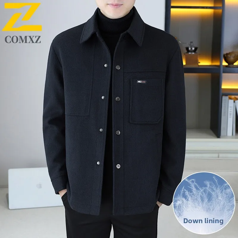 

COMXZ 2025 New Men's Wool Blend Down Jacket Autumn Winter Lapel Casual Warm Waterproof and Windproof Outdoor Quilted Outerwear