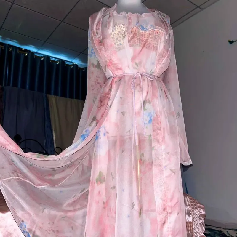 Couple See Through Suspender Nightgown Set Pink Silk Printed Ruffled Dress Robe With Belt Silky Touch Nightdress Sexy Lingerie