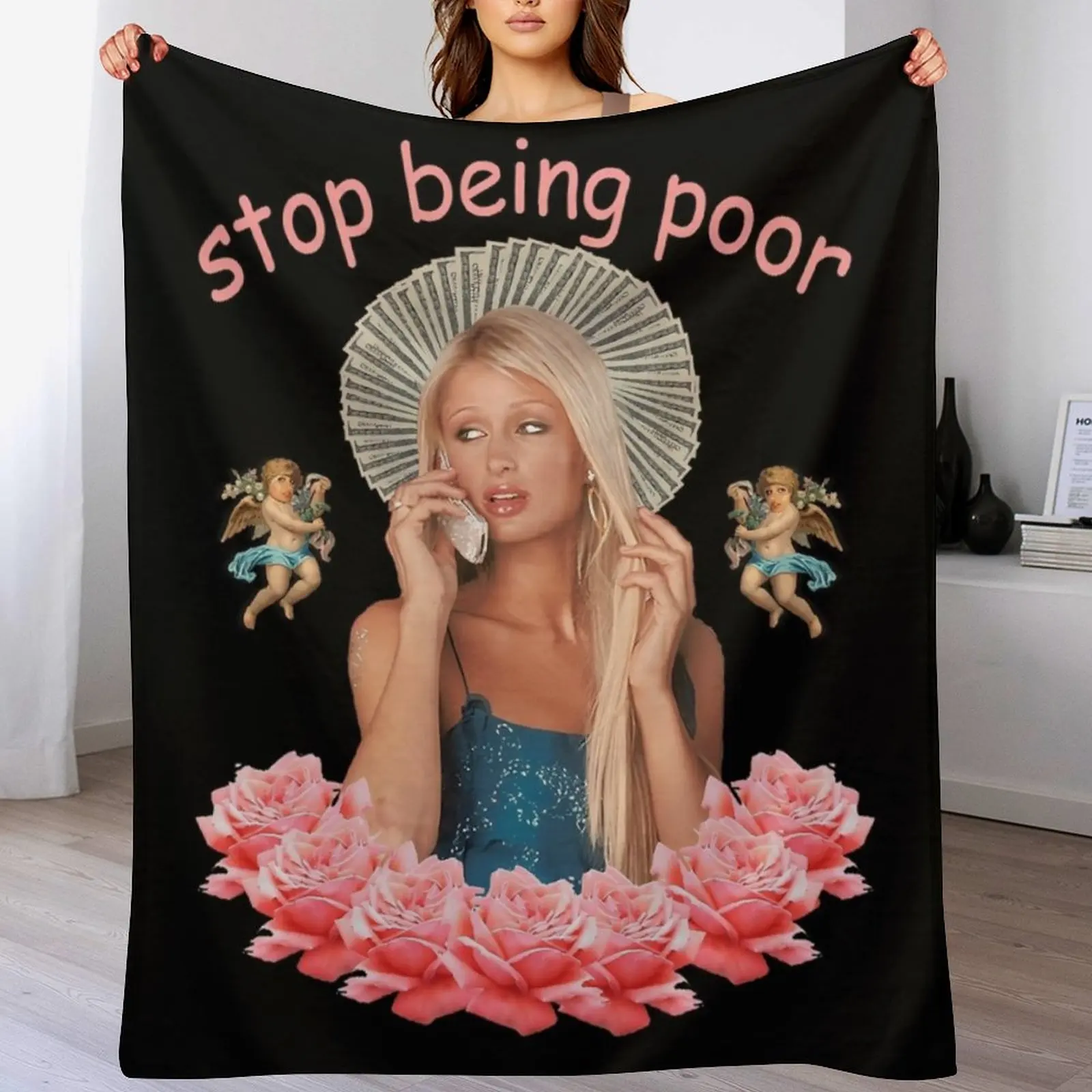 

Paris Hilton 'Stop Being Poor' Throw Blanket Warm Napping Blanket for Office Couch Bed