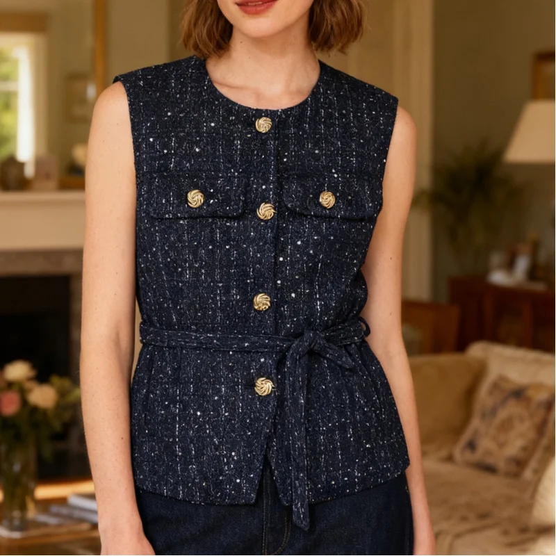 

Женская мода, синий жилет с блестками, осень 2024, пальто без рукавов, уличная одежда, шикарный жилет, топы, новые с поясом, жилеты для женщин, топы
