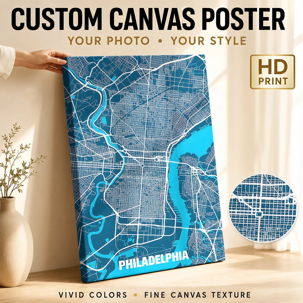 Philadelphia City Map Canvas Print Poster Customized Photo Travel Landscape Wall Art for Bedroom Decor Ready to Hang Home Gift