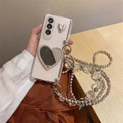 Luxury Crossbody Lanyard Beads Case for Samsung Galaxy Z Fold 5 ZFold 7 6 Z Fold 4 3 Love Heart Glitter Mirror Transparent Cover