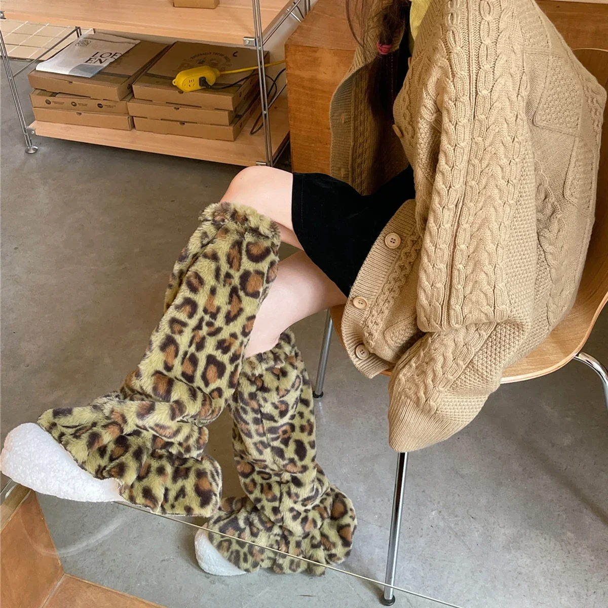 ROSA Leopard Pelz Beinlinge Warme Verdickung Plüsch Bein Socken Abdeckung Y2K Winter Leggings Kalb Socken Japanischen JK Lolita Boot manschetten